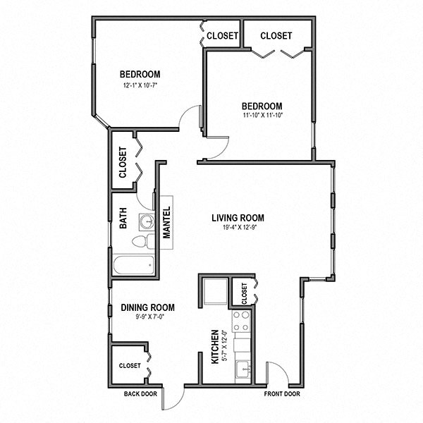 Floor plan for 2 beds, 1 bath, 936 sqft